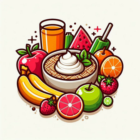 Vector illustration of a healthy breakfast bowl with ice cream, fruits and berries.のイラスト素材