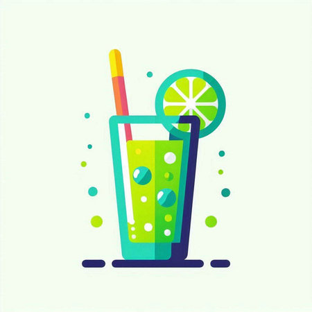 Cocktail with lime and straw in flat style. Vector illustration.のイラスト素材
