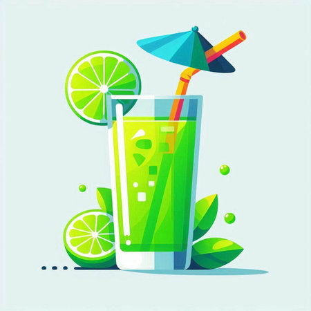 Cocktail with lime and straw. Vector illustration in flat styleのイラスト素材
