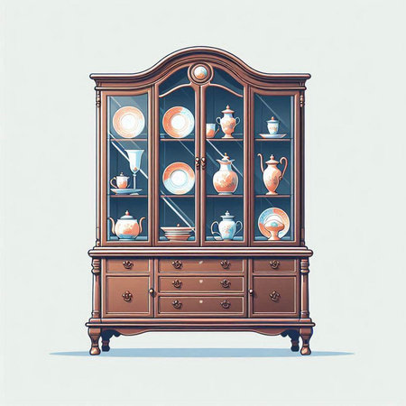 Vintage cupboard with porcelain dishes. Vector illustration.