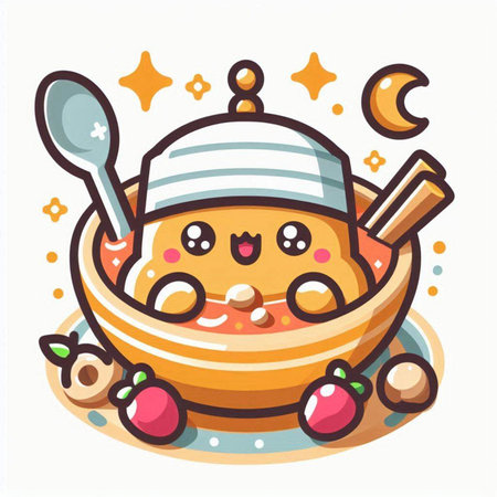 Cute cartoon kawaii apple pie in a bowl with spoon and fork.のイラスト素材