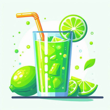 Lime juice in a glass with a straw. Vector illustration.のイラスト素材