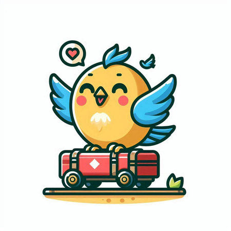 Cute cartoon chick with a suitcase on wheels. Vector illustration.のイラスト素材