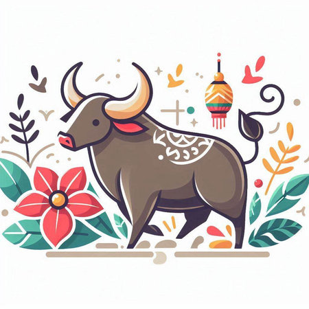 Vector illustration of a bull with flowers and lanterns in oriental styleのイラスト素材