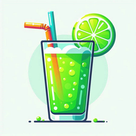 Cocktail with lime and straws. Vector illustration in flat styleのイラスト素材