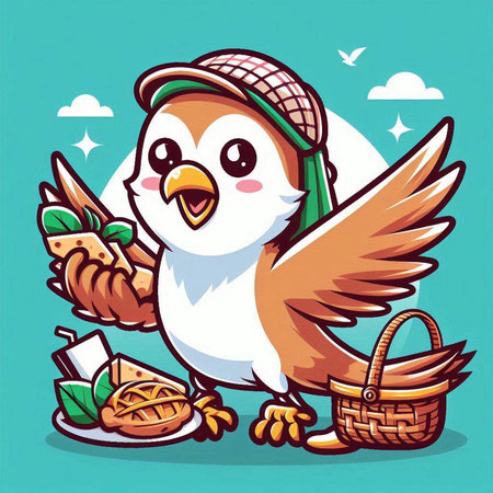 Vector illustration of a cute owl with a basket of food and breadのイラスト素材