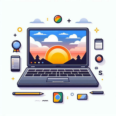 Laptop computer with flat design icons. Vector illustration for web and mobile applications.のイラスト素材