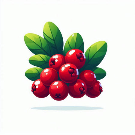 Red cranberries with green leaves isolated on white background. Vector illustration.のイラスト素材
