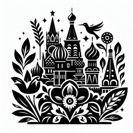 Russian city. Black and white vector illustration. St. Basil's Cathedral.のイラスト素材