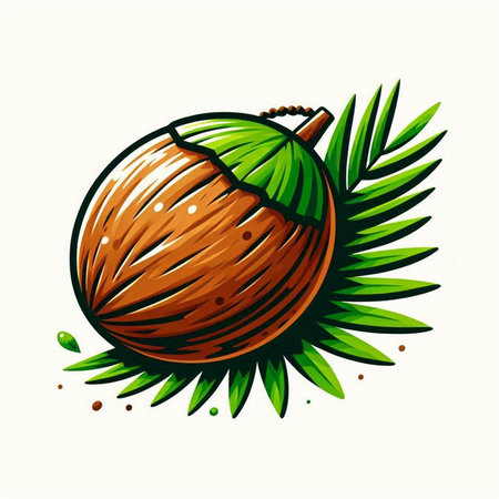 Coconut with leaves on a white background. Vector illustration.のイラスト素材