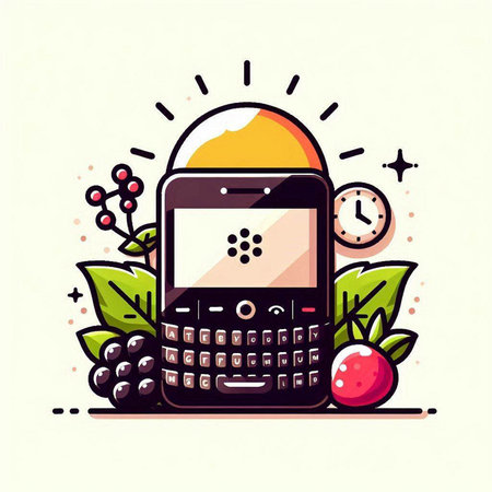 Vector illustration of mobile phone with sun and berries on white background.のイラスト素材