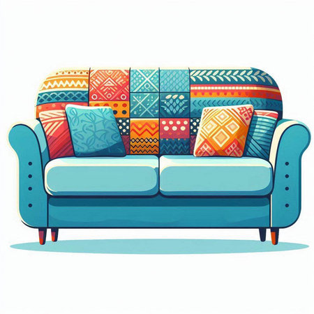 Sofa with colorful pillows isolated on white background. Vector illustration.のイラスト素材