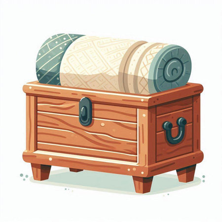 Wooden chest with a pillows on a white background. Vector illustration.のイラスト素材