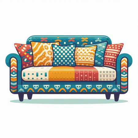 Sofa with colorful pillows isolated on white background. Vector illustration.のイラスト素材