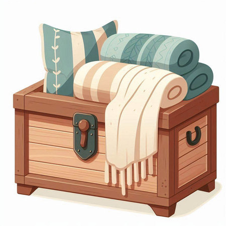 Wooden chest with pillows and plaid. Vector illustration.のイラスト素材