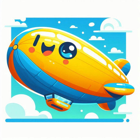 Cartoon airship flying in the blue sky. Vector illustration.のイラスト素材