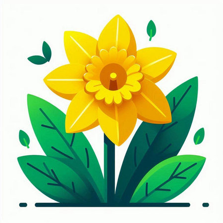 Illustration of a yellow daffodil with green leaves on a white backgroundのイラスト素材