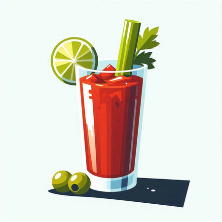 Bloody Mary cocktail with lime and olives. Vector illustration.のイラスト素材