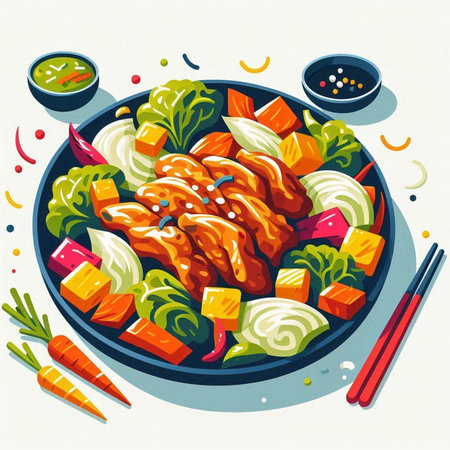 Illustration of a bowl of japanese food with vegetables and sauceのイラスト素材
