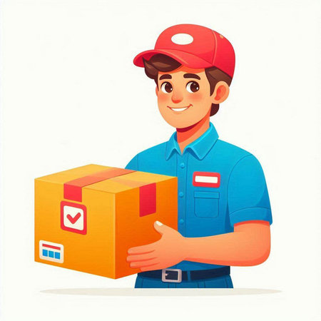 Delivery man in uniform with parcel box. Vector illustration in cartoon styleのイラスト素材