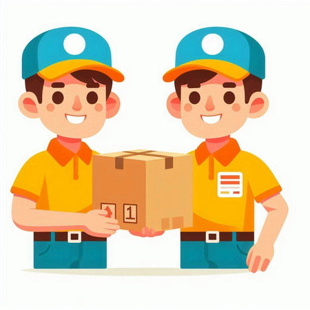 Delivery man in uniform with parcel box. Vector illustration in cartoon styleのイラスト素材