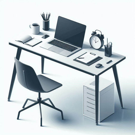 Modern workplace with computer and stationery on white background. 3D rendering.のイラスト素材