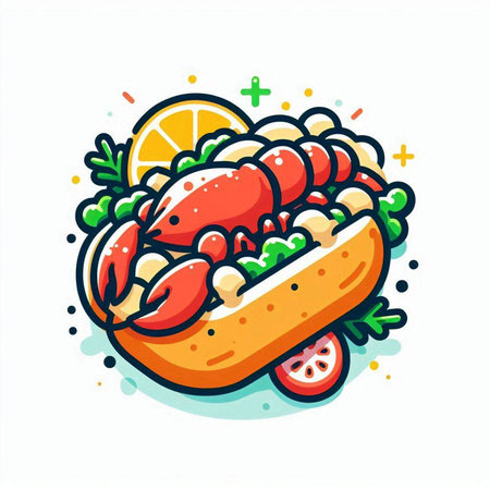 Vector illustration of a hot dog with shrimp, crab and lemon.のイラスト素材