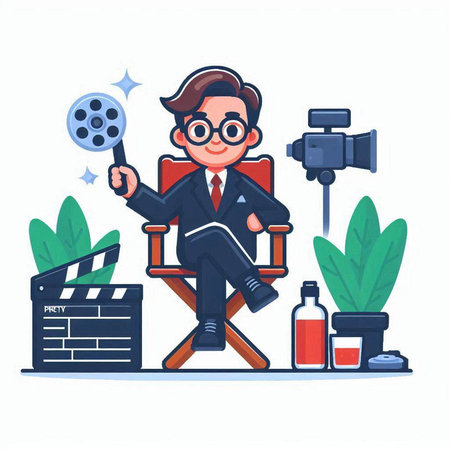 Cinema director in chair with movie clapper. Vector illustrationのイラスト素材
