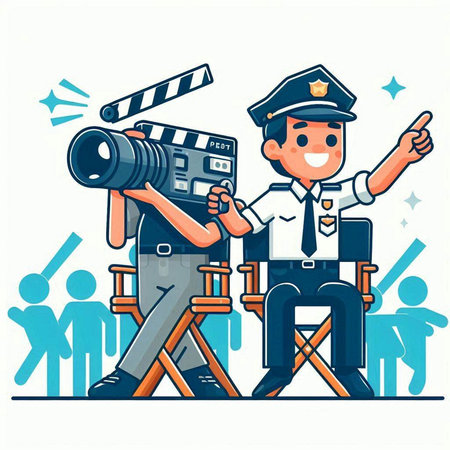 Policeman with video camera. Filmmaker with video camera. Vector illustration