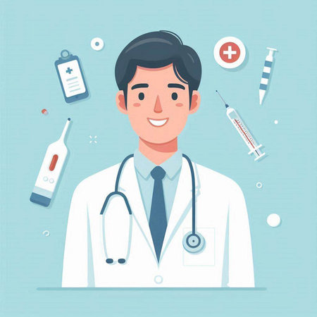 Doctor with stethoscope and thermometer. Vector illustration in flat styleのイラスト素材