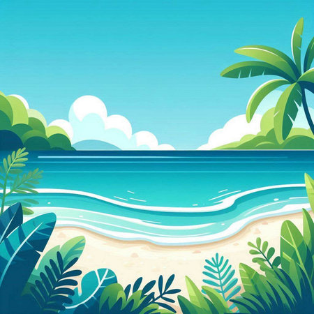Tropical beach with palm trees and blue sky. Vector illustration.のイラスト素材