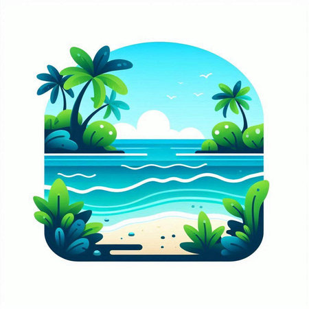 Tropical beach with palm trees and sea. Vector illustration.のイラスト素材