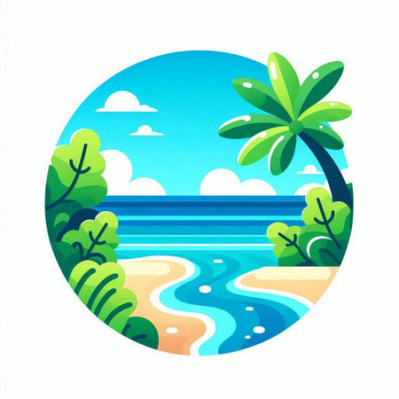Tropical beach with palm trees. Vector illustration in flat styleのイラスト素材