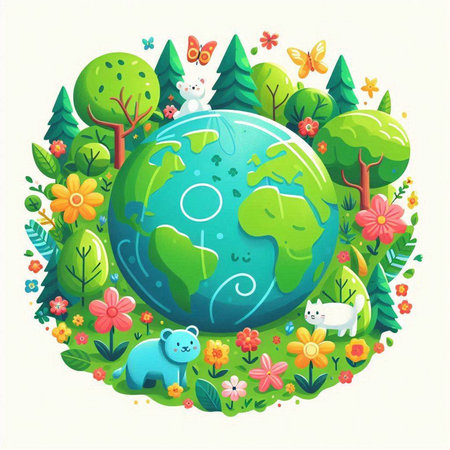 Vector illustration of a cute cartoon planet earth surrounded by flowers and butterfliesのイラスト素材
