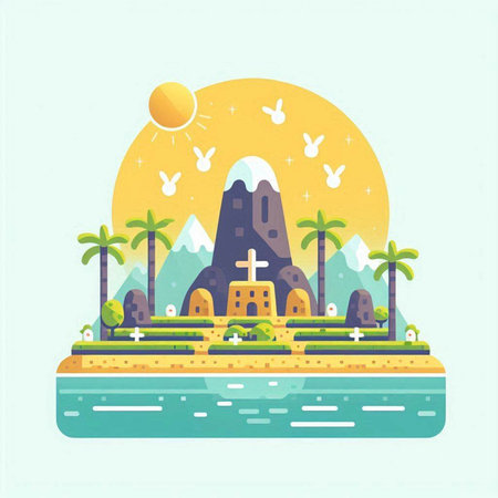 Vector illustration of a church on the island. Flat style design.のイラスト素材