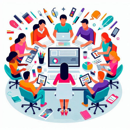 Business people working together in office. Vector illustration in flat style.のイラスト素材