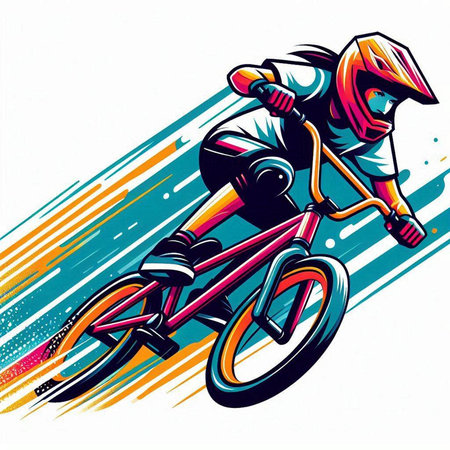 Vector illustration of a biker riding a bicycle on colorful background.のイラスト素材