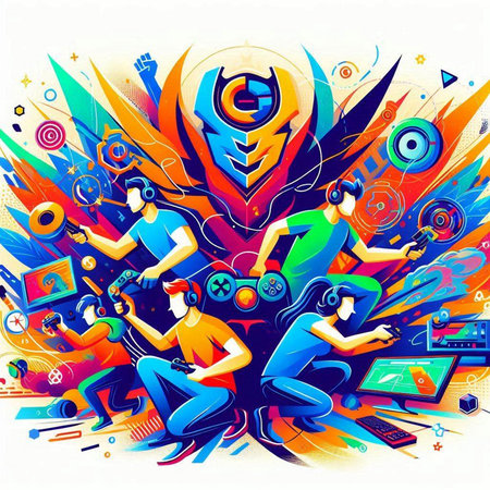 Group of young people playing video games. Colorful vector illustration.