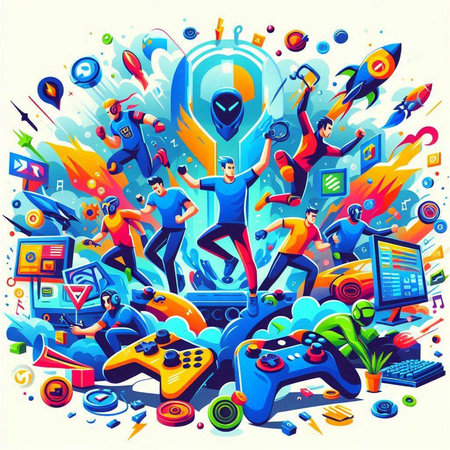 Cartoon vector illustration of people playing video games. Colorful background with people characters.のイラスト素材