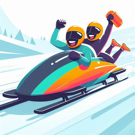 Bobsledding in the mountains. Cartoon style vector illustration.