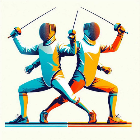 Fencing athletes in action, vector illustration of two men in sportswear.