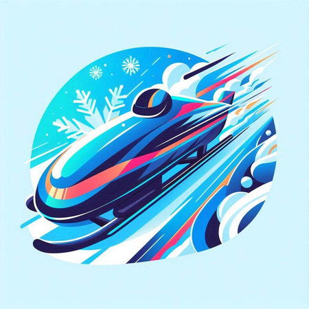 Vector illustration of a flying snowmobile in the winter with snowflakes