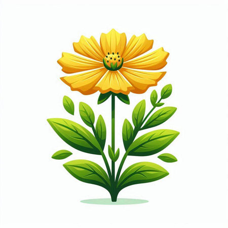 Beautiful yellow flower with green leaves isolated on white background. Vector illustration.のイラスト素材