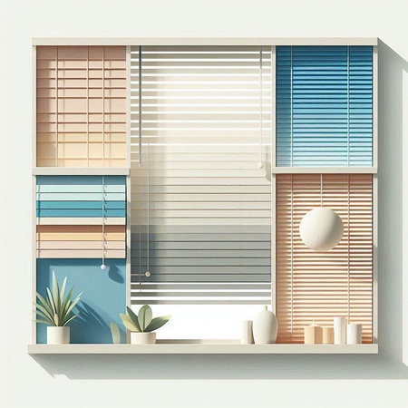 Illustration of window with blinds and plants in a modern room