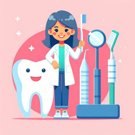 Cute cartoon girl dentist with toothbrush and toothpaste. Vector illustrationのイラスト素材