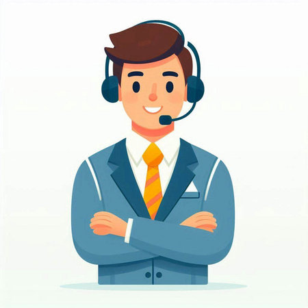 Vector illustration of a customer service agent in a flat style. Man in a business suit with a headset.のイラスト素材