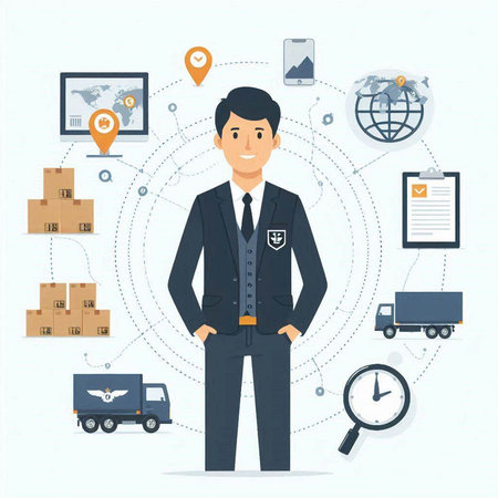 Logistics and delivery concept. Man in a business suit. Flat style vector illustration.のイラスト素材