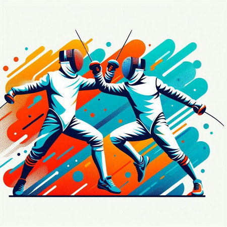 Fencing. Two young men in fencing costume. Vector illustration.のイラスト素材