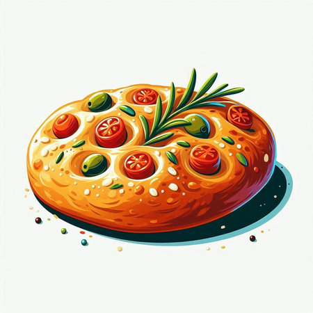 Illustration of a tomato pie with olives and rosemary.
