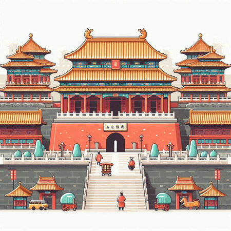 Illustration of a Chinese temple in the city. Vector illustration.のイラスト素材